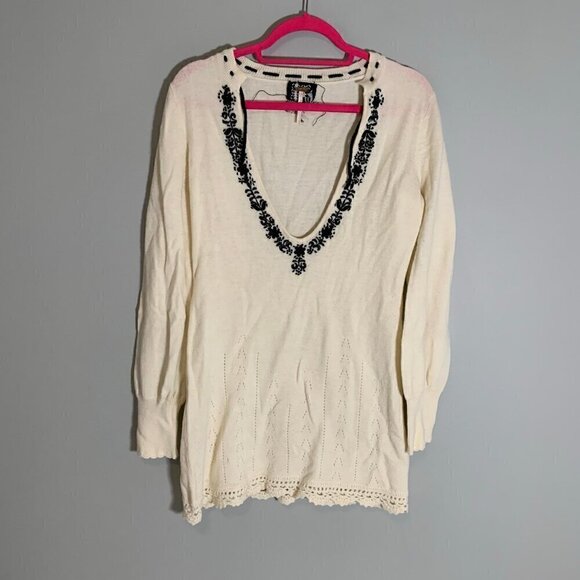 Free People wool blend cream black embroidered detail long sleeve tunic sweater - Picture 1 of 12